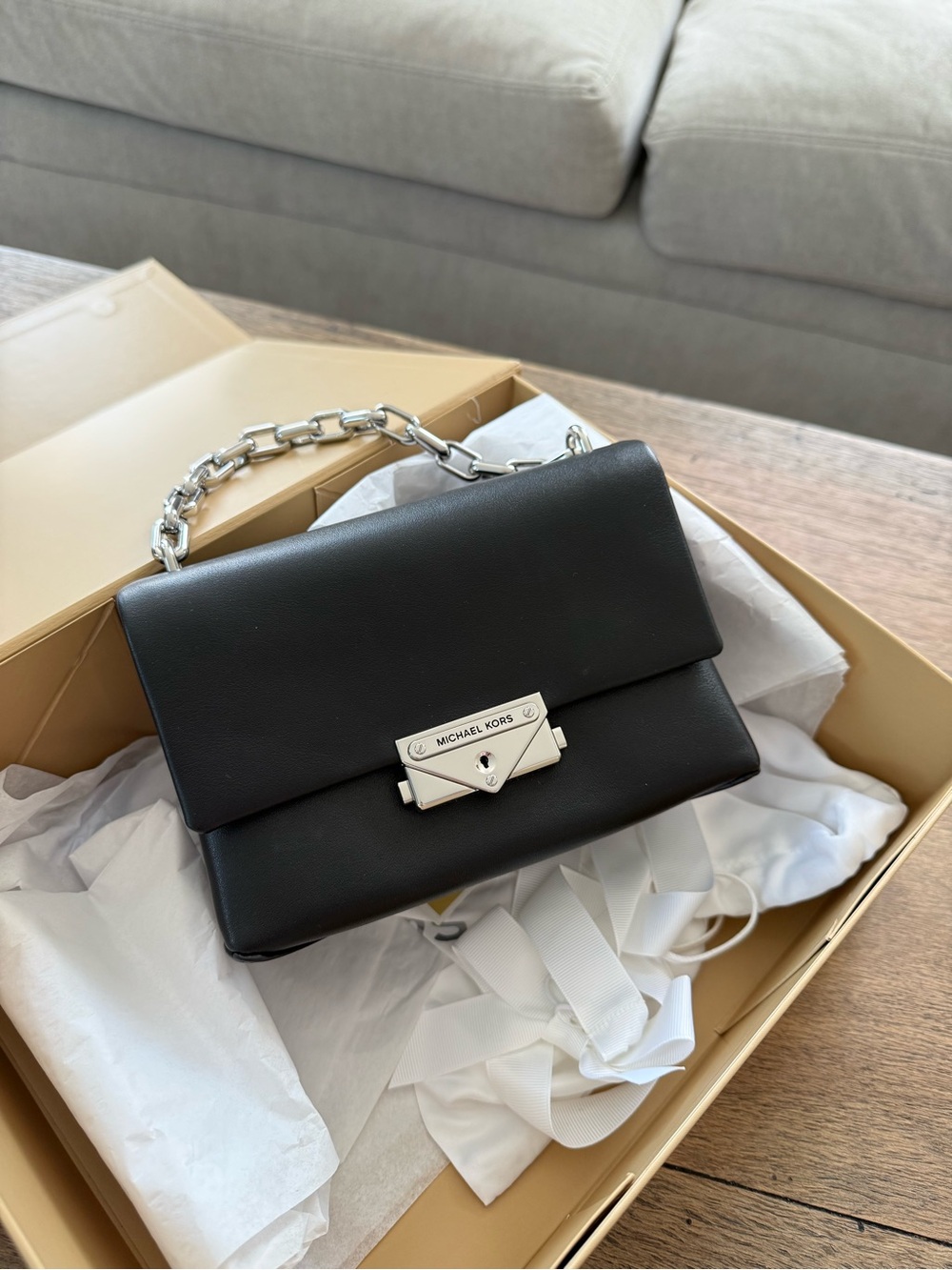 Michael Kors Black Leather Mini Bag with Silver Chain